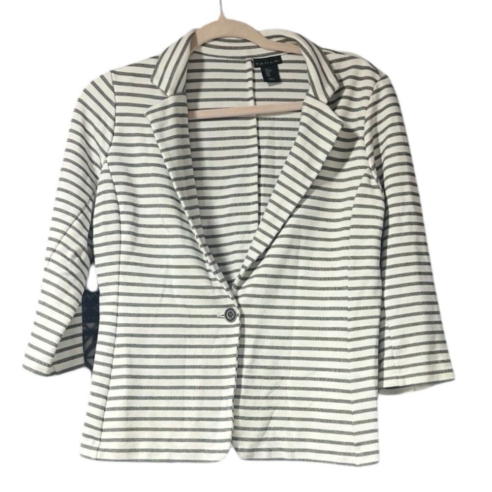 Tahari Women's Blazer Black And White Stripped  - Size  Large Classic Soft Comfy